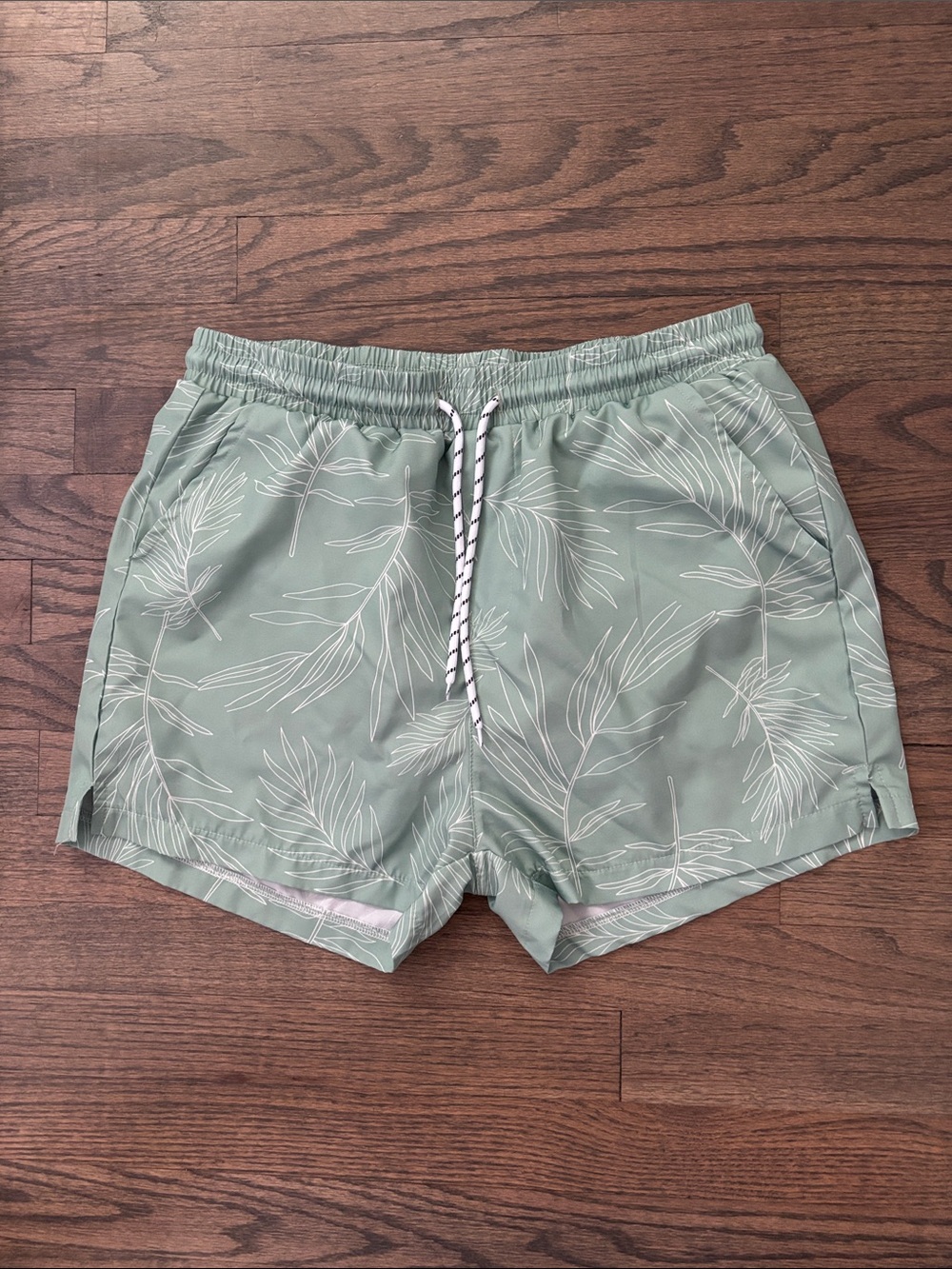 Men's Sage Green Leaf Print Swim Trunks - Picture 5 of 11